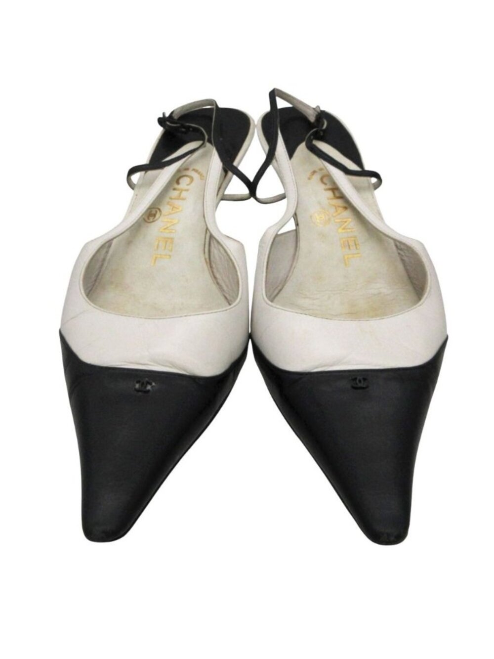 Chanel Pumps Pointed Toe Slingback Bicolor CC Logo Shoes White 2/1